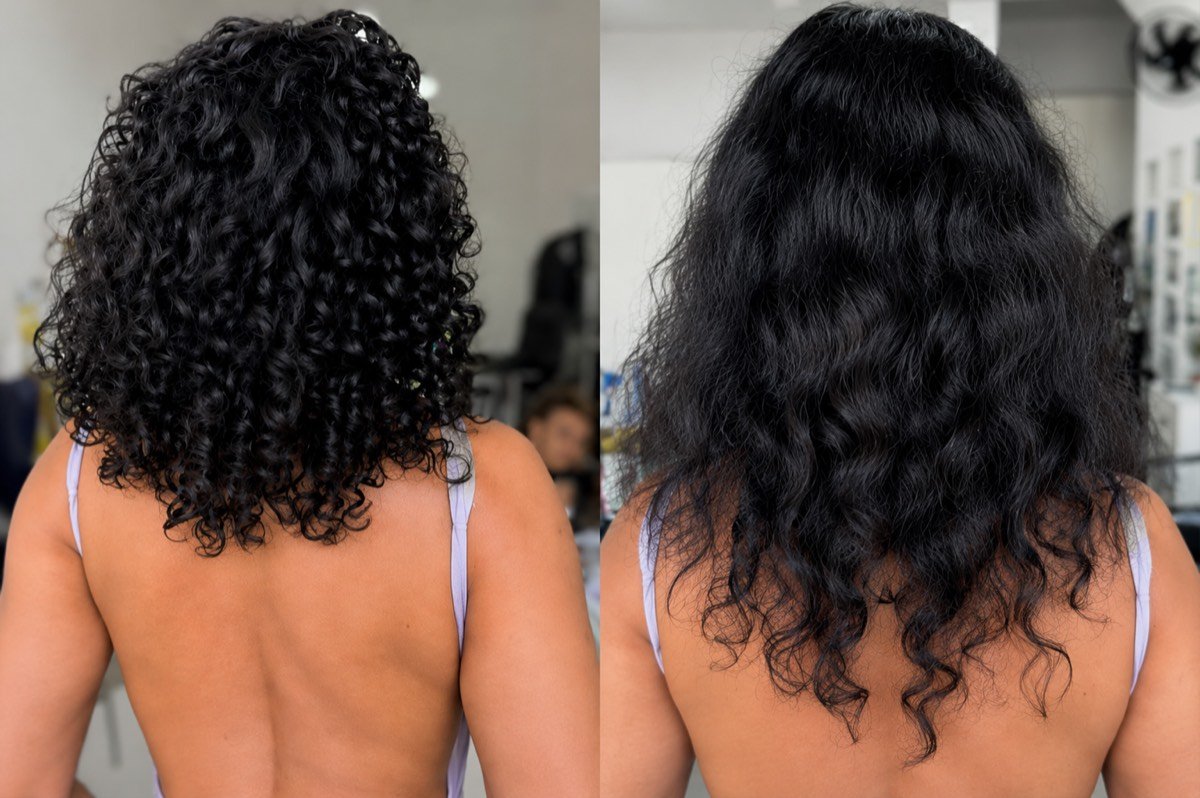 O mesmo cabelo com o encapamento, de cachos selados, e sem o produto, aberto e com frizz